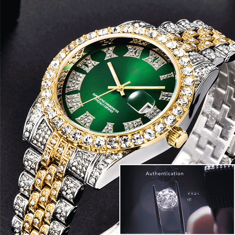 滿鉆日歷石英男表，原裝進口機芯，走時精準、性能穩定，水鉆裝潢表盤，令人一見傾心，型男紳士出行的標配！