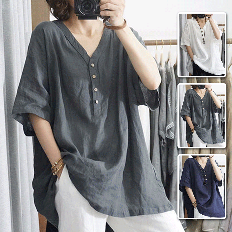 【買一送一】時尚寬鬆純棉文藝復古半袖上衣~遮肉顯瘦，舒適材質，柔軟親膚透氣，適合當季！